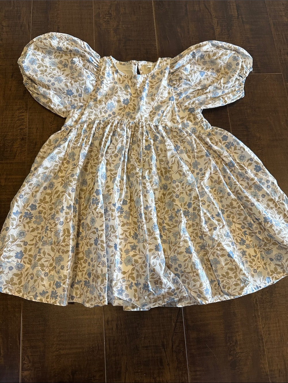 Floral Puff Sleeve Dress in Blue and Cream